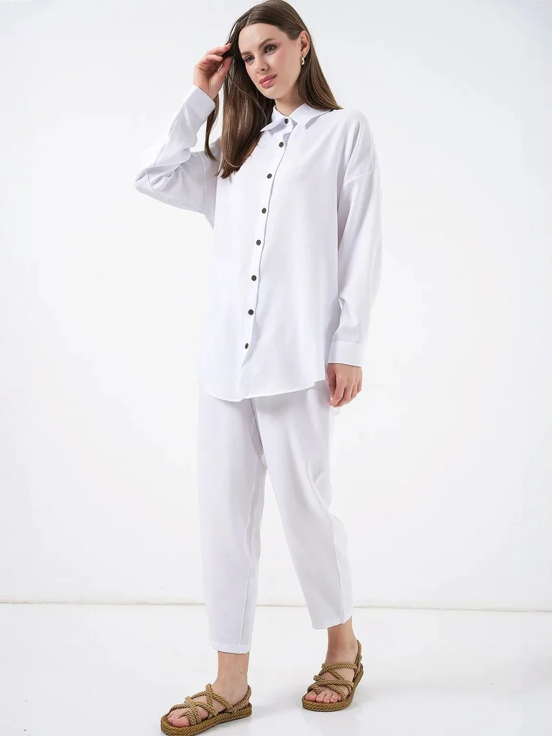 Big Dart White BDART Linen Blend Long Sleeve Shirt and Pants Co-ord Set for Women | Best Price UAE